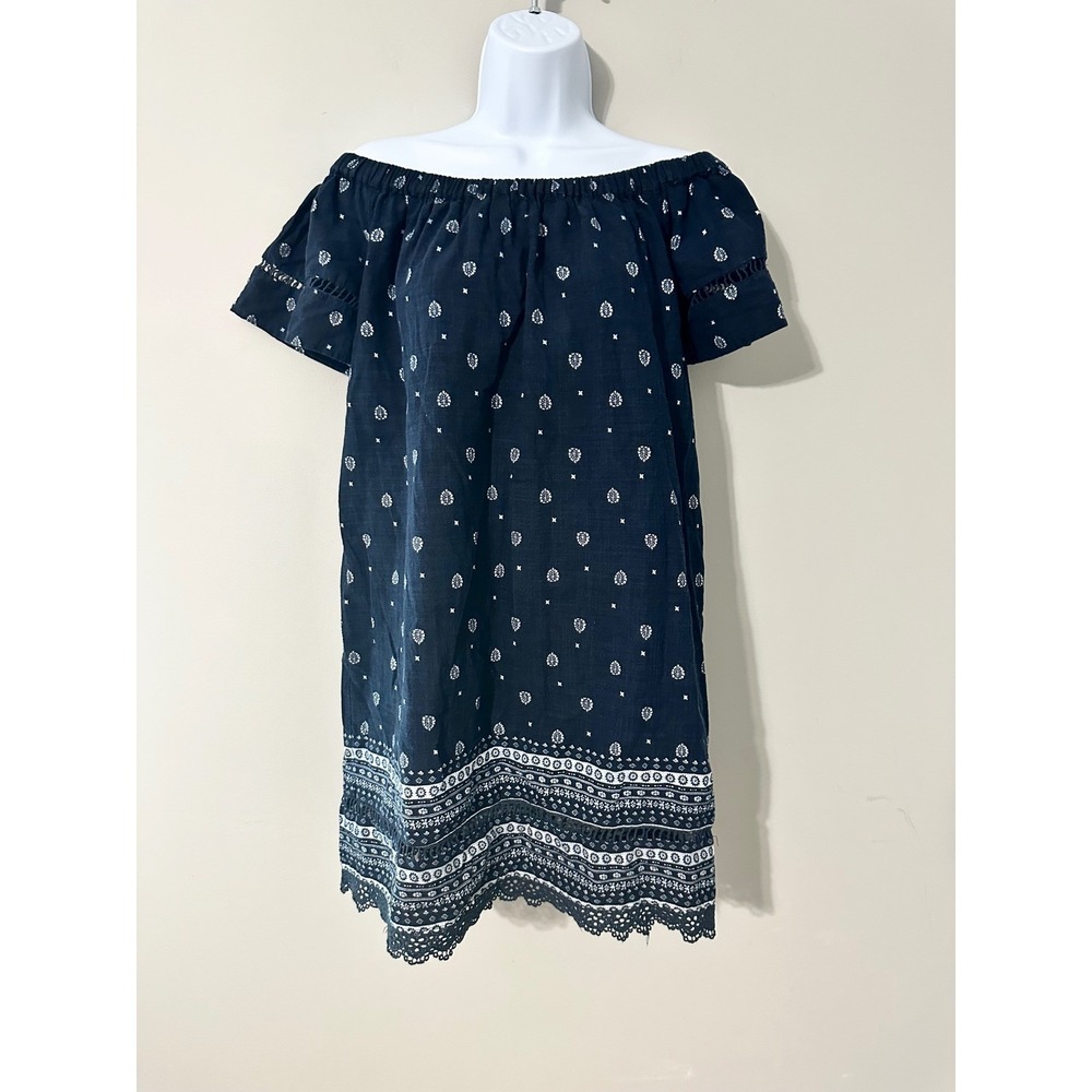 Marabelle Off Shoulder Dress Navy Blue White‎ Paisley Print Women's Size S